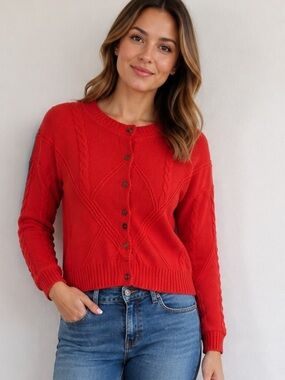 CABi Cable Knit Front Button Womens Cardigan S Long Sleeve Orange Sweater 0017
